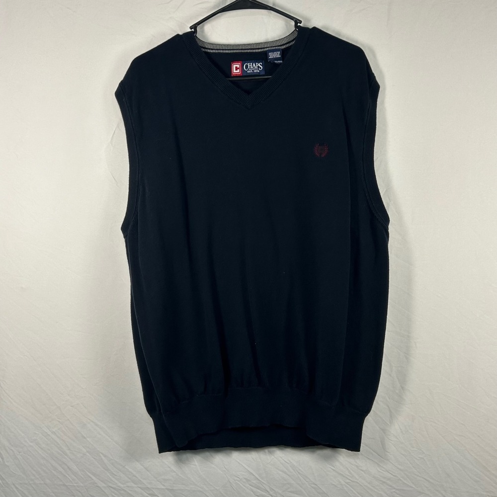 Chaps Sweater Vest Mens XXL Navy Blue V-Neck Cotton Knit Embroidered Logo‎